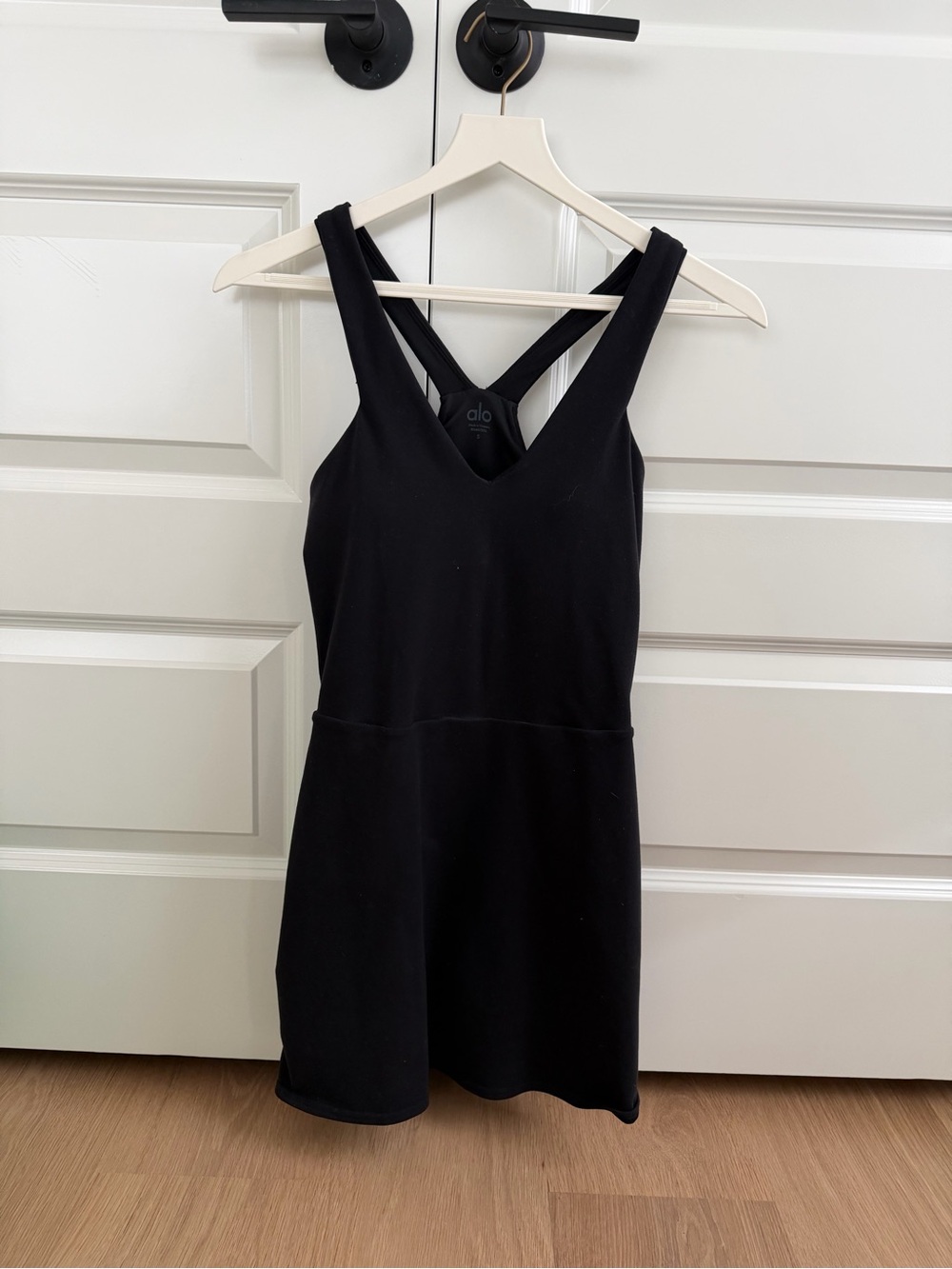 ALO Yoga Black V-Neck Cross-Back Mini Dress
